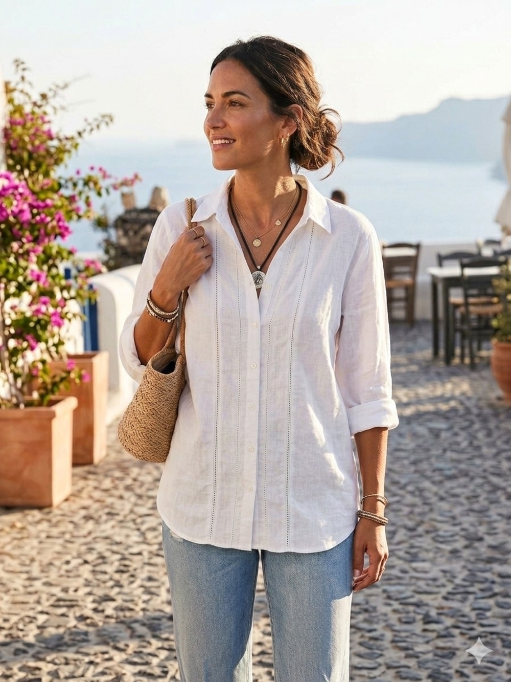 White Linen Blend Buttermom Tomato Girl Button Down Hemstitch Shirt